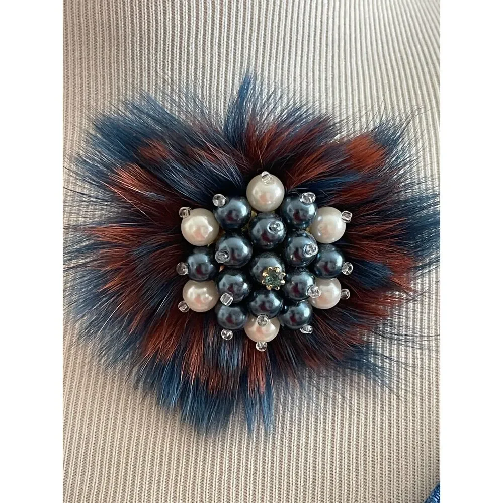 Vintage Pearl & Feather Brooch Unique Handmade Blue/Brown Crystal Pin Clip 3.5